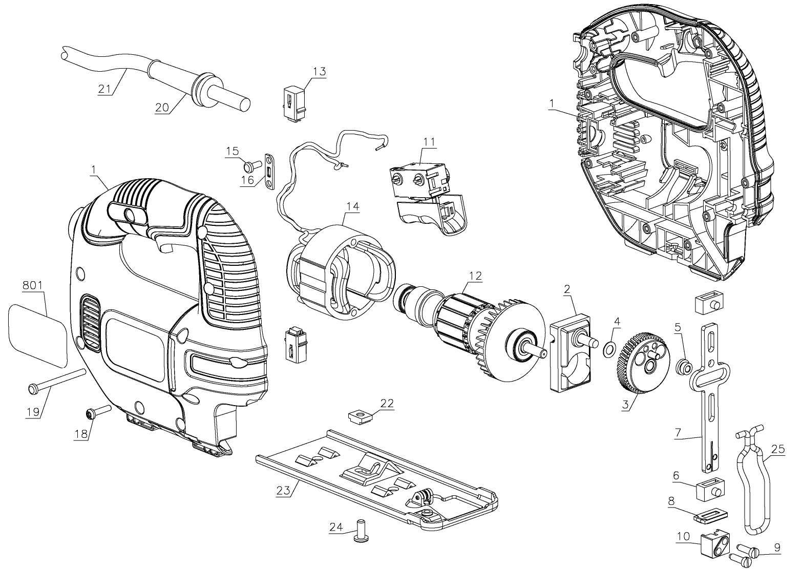 Default Diagram and Parts List for KS501-B2C Type 1 Black and Decker Jig Saw